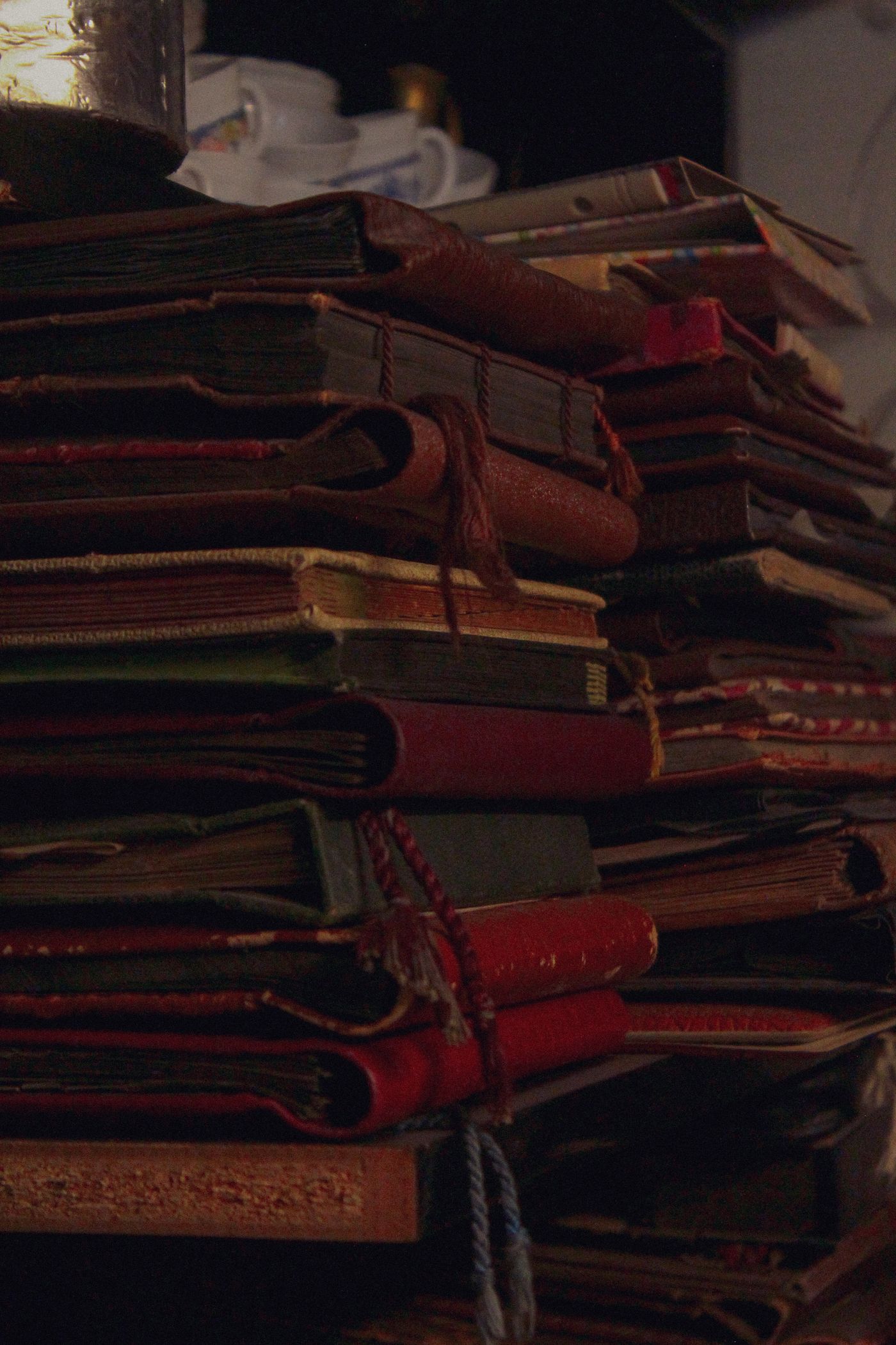 Livres anciens aux reliures patinées alignés après entretien